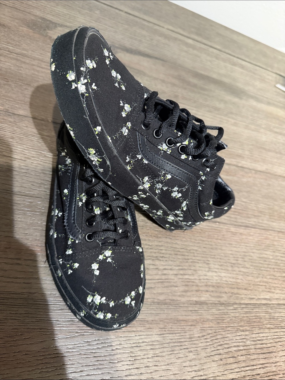 Vans Black Canvas Sneakers with White & Light Green Floral Print